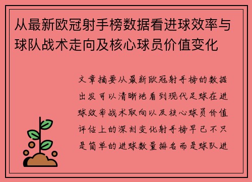 从最新欧冠射手榜数据看进球效率与球队战术走向及核心球员价值变化 从最新欧冠射手榜数据看进球效率与球队战术走向及核心球员价值变化