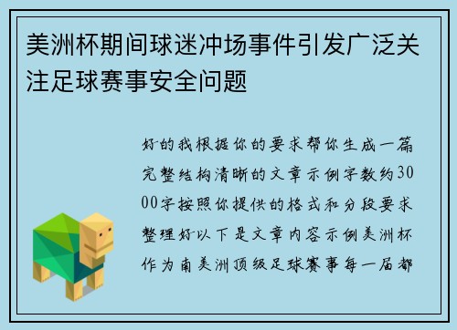 美洲杯期间球迷冲场事件引发广泛关注足球赛事安全问题